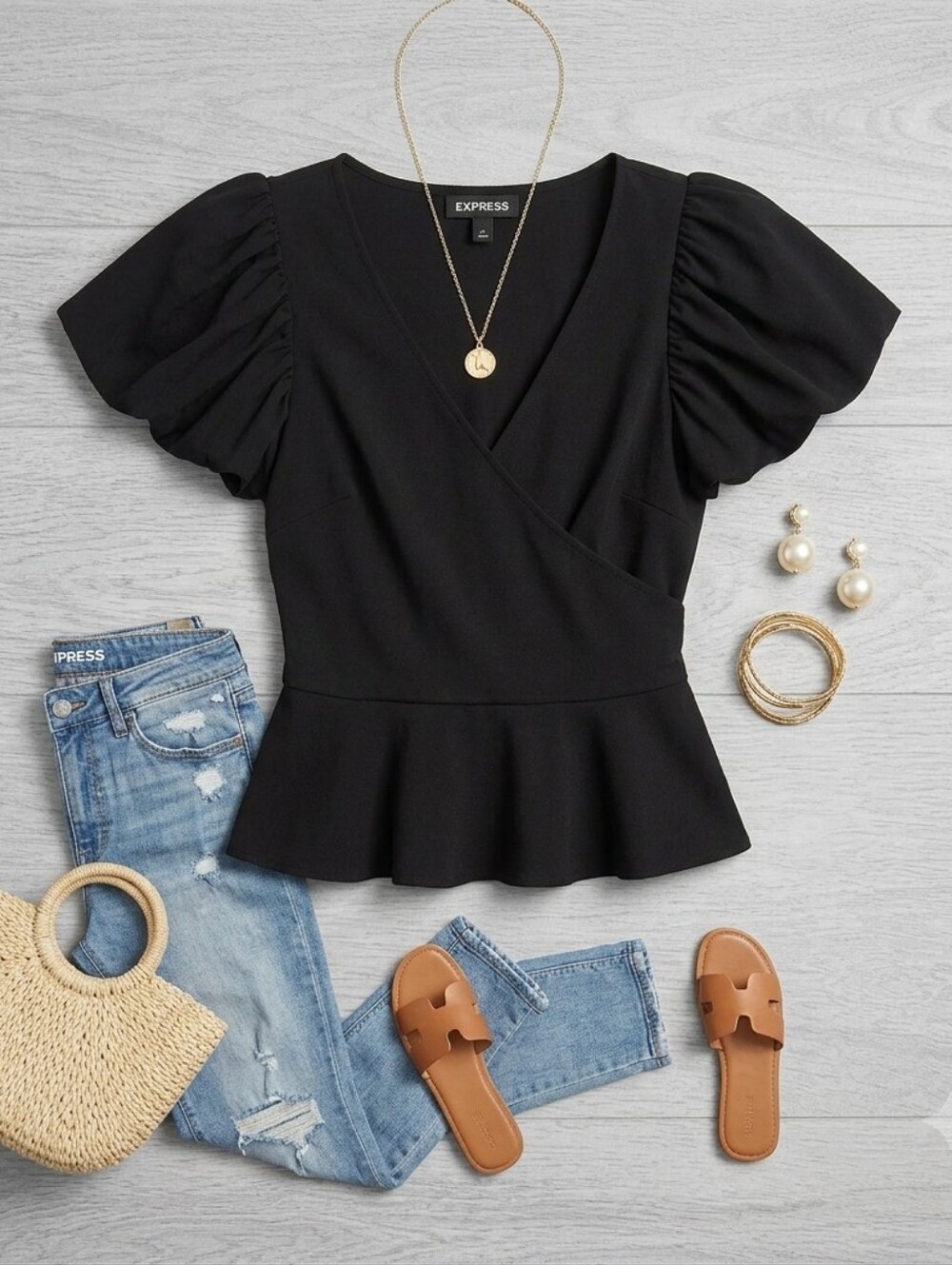 Express Black Faux Wrap Puff Sleeve Peplum Top Women's XS